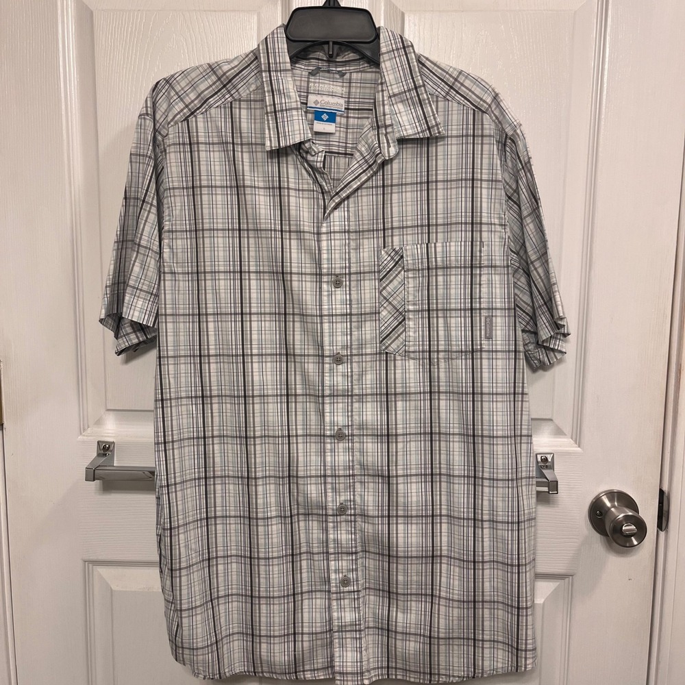 Columbia Omni-Wick Mens Large Short Sleeve Plaid Button Down Shirt Grey Blue L